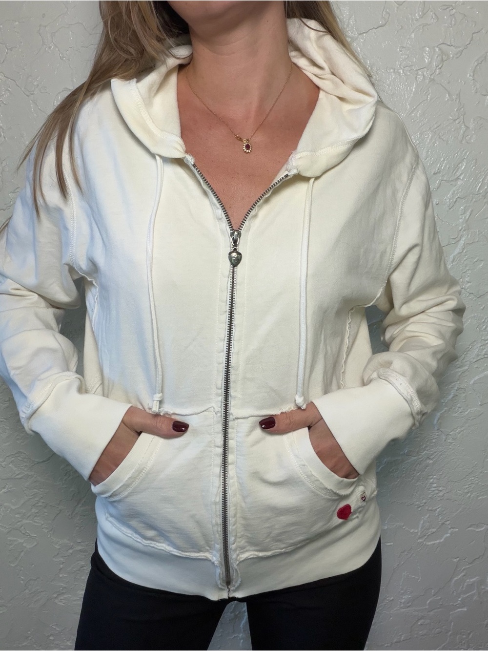 TWISTED HEART Cream Zip Front Hoodie with Heart Accent